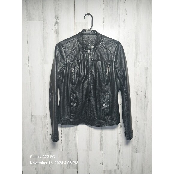 Jou Jou Large Black Long Sleeve Faux Leather Jacket Zip Up Moto Jacket Womens - Picture 1 of 7